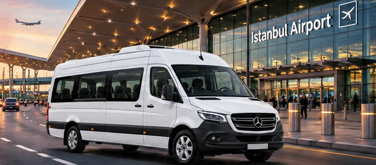 Shared airport shuttle vehicle in front of Istanbul Airport