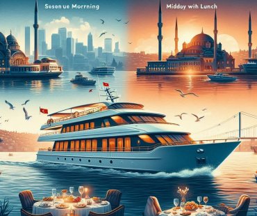 A promotional image for a Bosphorus cruise in Istanbul, showcasing four distinct experiences_ a serene morning with breakfast, a lively midday with lunch, a romantic sunset, and an elegant evening with dinner The