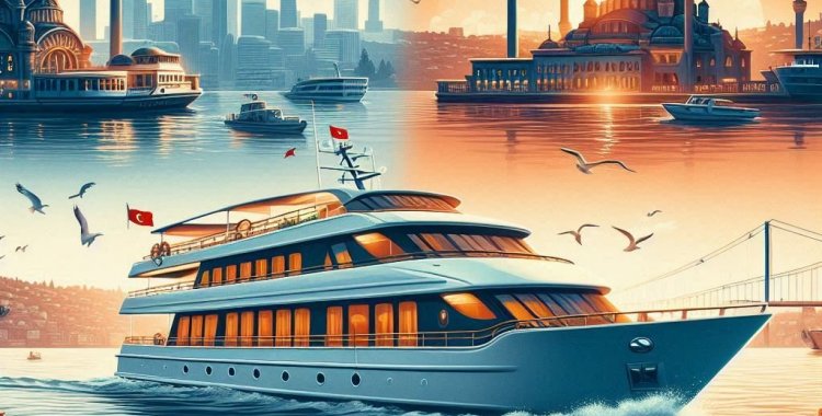 A promotional image for a Bosphorus cruise in Istanbul, showcasing four distinct experiences_ a serene morning with breakfast, a lively midday with lunch, a romantic sunset, and an elegant evening with dinner The