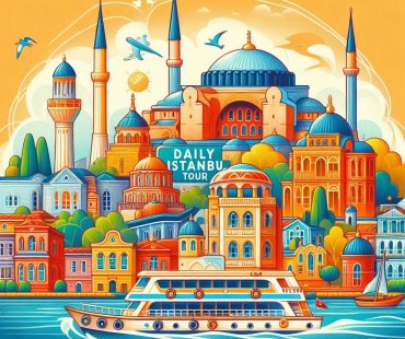 A vibrant and inviting promotional image for a daily Istanbul tour The image should feature iconic landmarks such as Hagia Sophia, Blue Mosque, and the Bosphorus with a boat Include elements like colorful houses