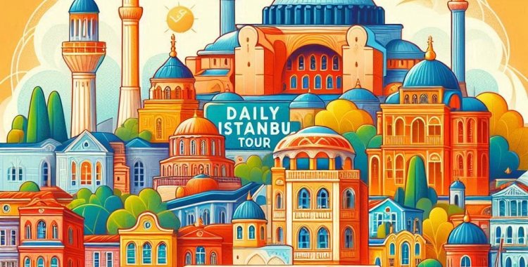 A vibrant and inviting promotional image for a daily Istanbul tour The image should feature iconic landmarks such as Hagia Sophia, Blue Mosque, and the Bosphorus with a boat Include elements like colorful houses
